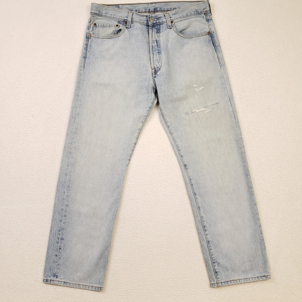 Y2K Levi's 501 Jeans Mens 34x30 Light Blue Distressed Button‎ Fly Denim 2003